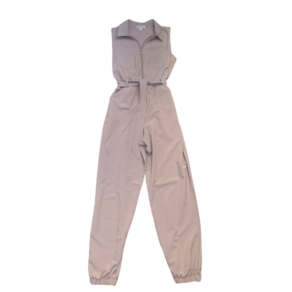 Beige Sleeveless Belted Utility Jumpsuit Size Small Khaki Cream Tan Safari